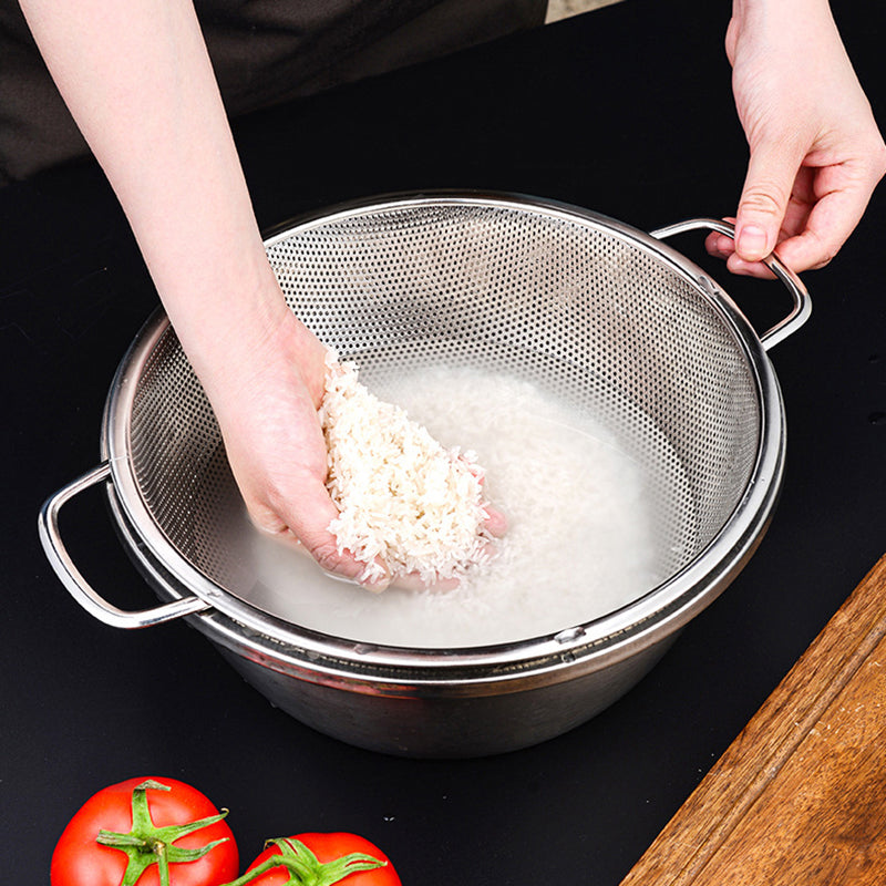 Yurtrain Factory-Price Stainless Steel Vegetable Drainer Colander Strainer Big Rice Washer with Binaural Handle Metal Material