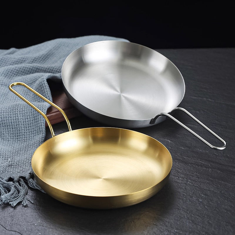 Yourtrain Low Price Flat Grill Stainless Steel Snack Circle Plate with Handle Gold Commercial Western Steak Dessert Round Plate