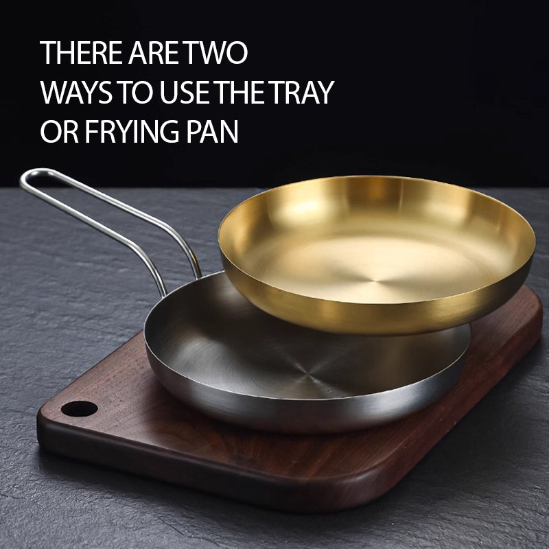 Yourtrain Low Price Flat Grill Stainless Steel Snack Circle Plate with Handle Gold Commercial Western Steak Dessert Round Plate
