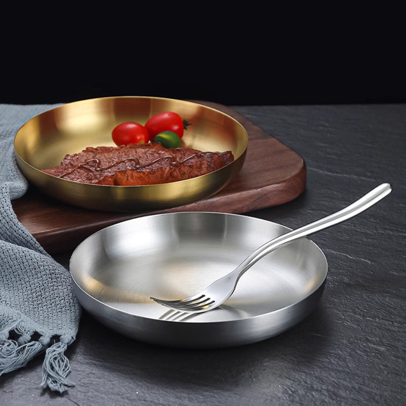 Yourtrain Low Price Flat Grill Stainless Steel Snack Circle Plate with Handle Gold Commercial Western Steak Dessert Round Plate