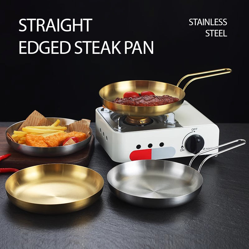 Yourtrain Low Price Flat Grill Stainless Steel Snack Circle Plate with Handle Gold Commercial Western Steak Dessert Round Plate