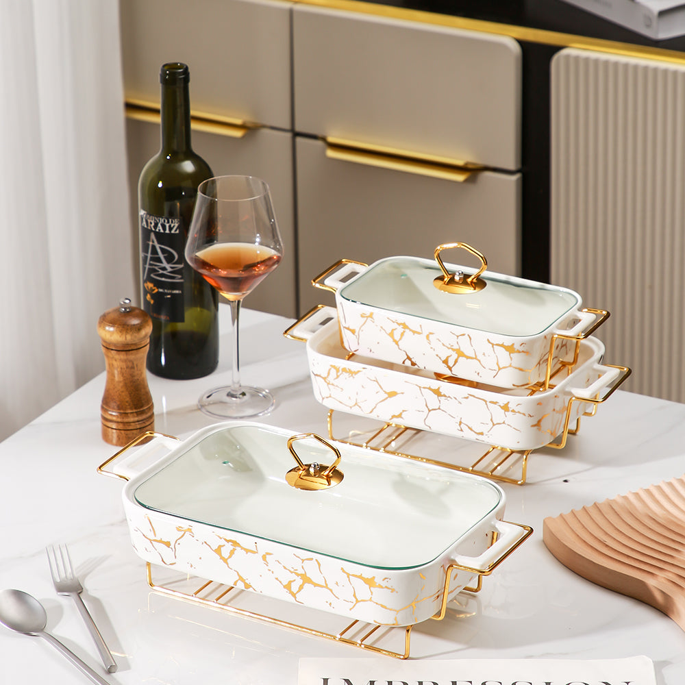 Yurtrain Hotels Tableware Set Rectangle Shape Ceramic Heating Tray for Keeping Food Warm Standing Casserole Dishes Cooking Pots