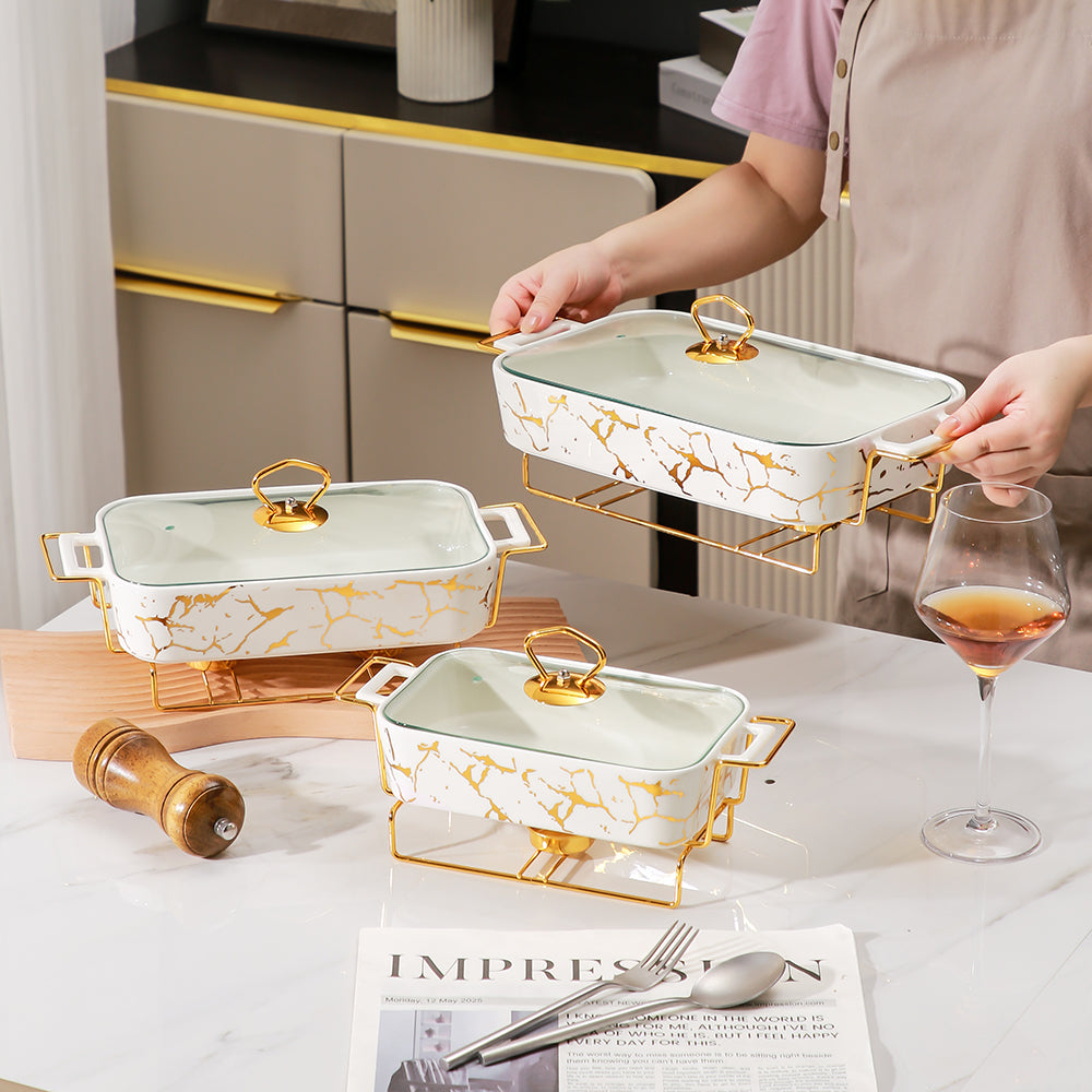 Yurtrain Hotels Tableware Set Rectangle Shape Ceramic Heating Tray for Keeping Food Warm Standing Casserole Dishes Cooking Pots