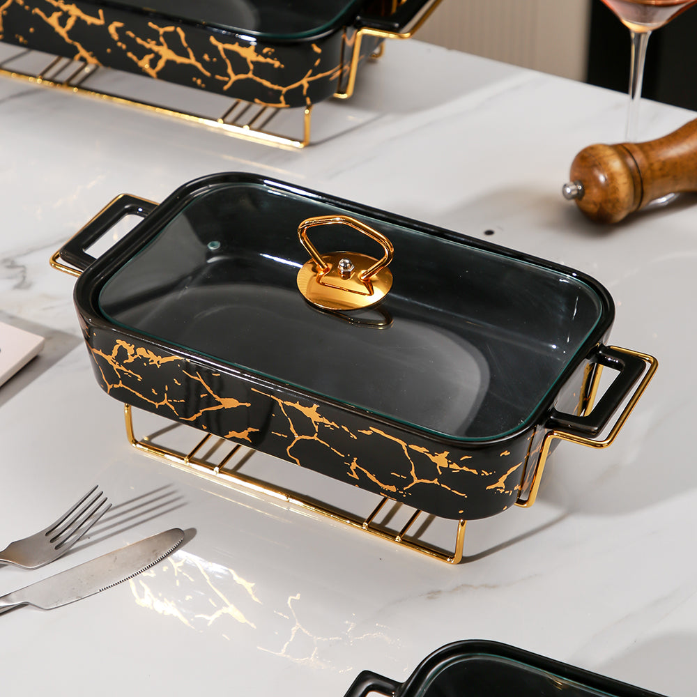 Yurtrain Hotels Tableware Set Rectangle Shape Ceramic Heating Tray for Keeping Food Warm Standing Casserole Dishes Cooking Pots