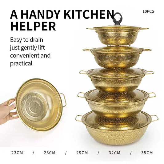 Yurtrain Gold Strainer Colander Basket Mesh Stainless Steel Kitchen Rice Bowl Skimmer Vegetable Washing Fruit Wash Drain