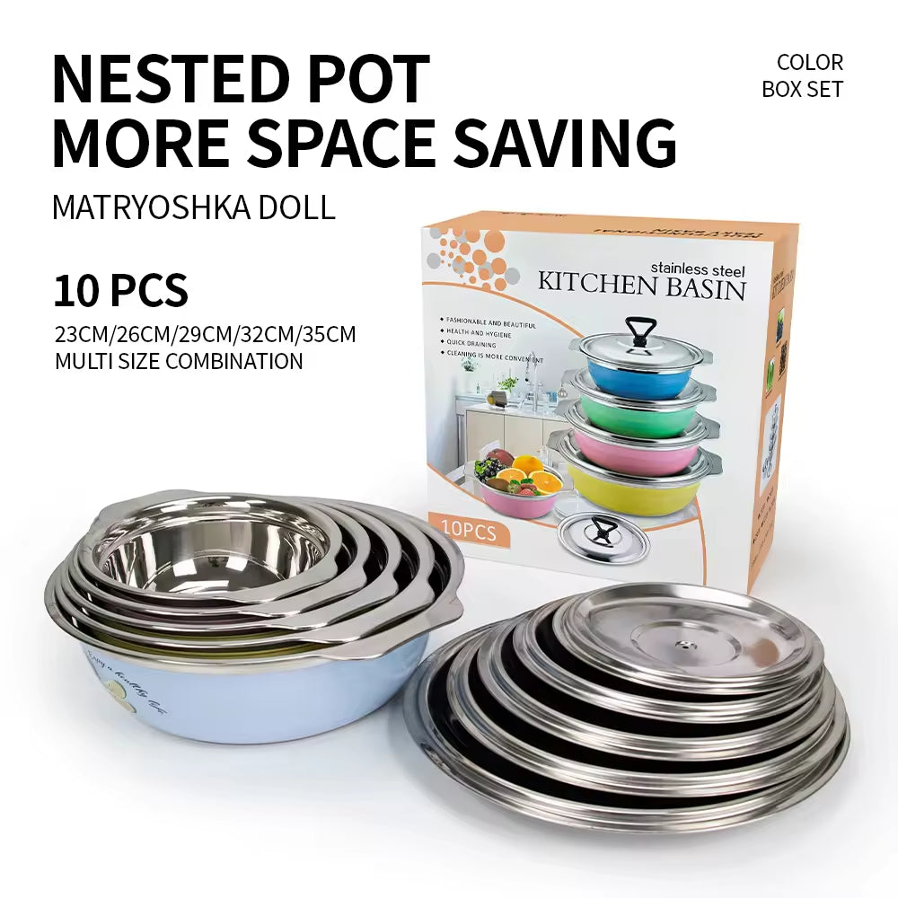 Yurtrain High Quality Cartoon Pattern Stainless Steel Round Soup Bowl Reusable Vegetable Food Wash Basin Soup Bowls Set