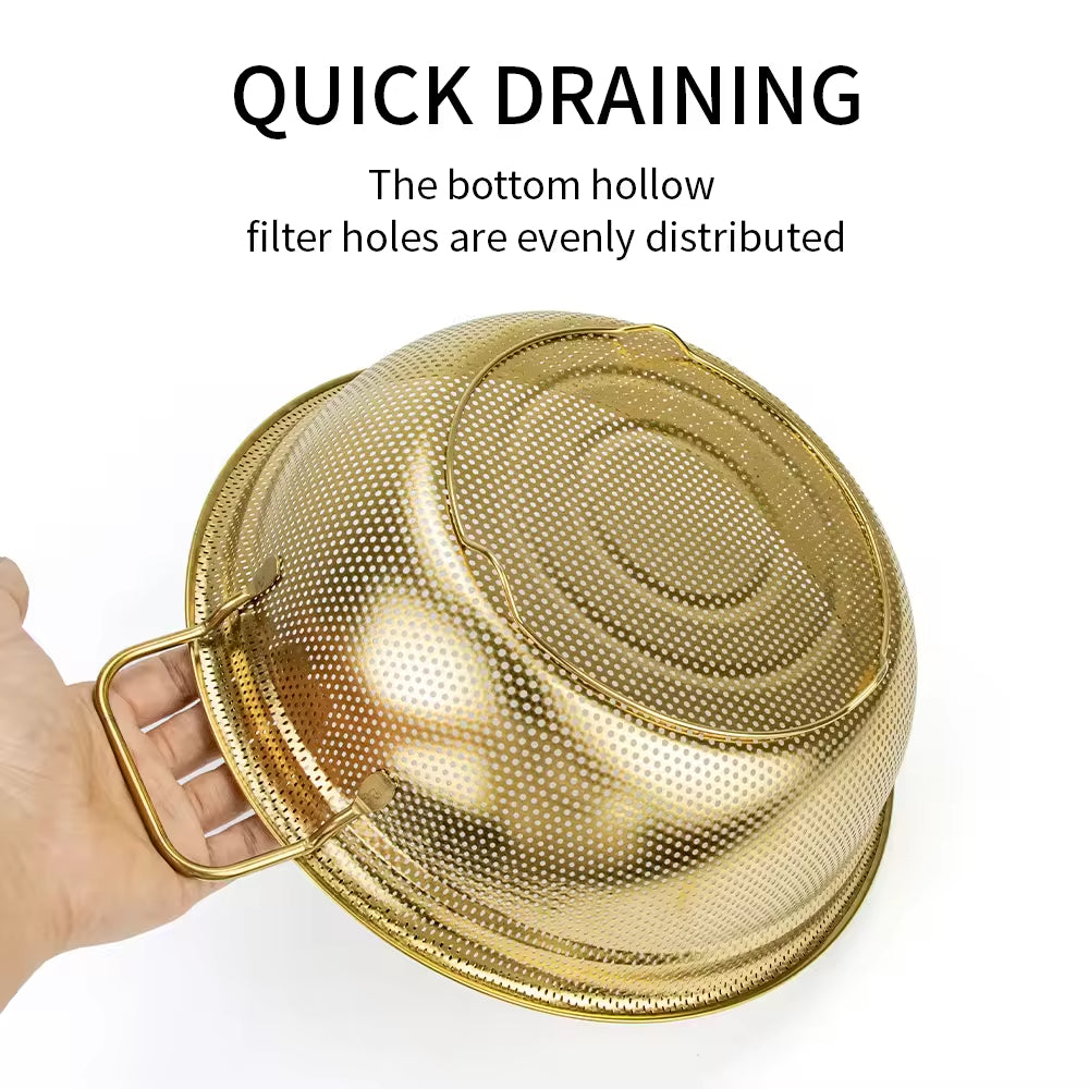 Yurtrain Gold Strainer Colander Basket Mesh Stainless Steel Kitchen Rice Bowl Skimmer Vegetable Washing Fruit Wash Drain