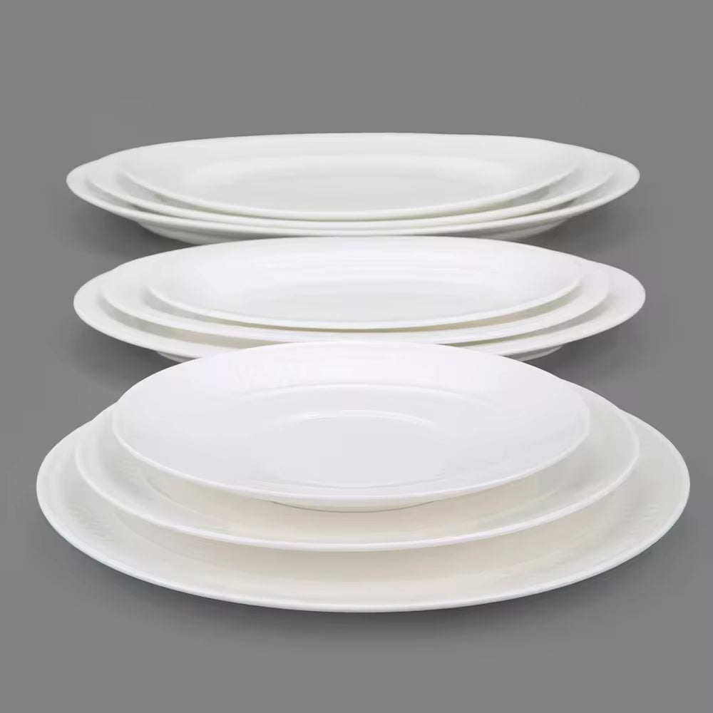 Yurtrain Bone China White Oval Ceramic Plate Heat Resistant Steak Dish Pasta Appetizer Banquet Dinner Serving Fish Dish