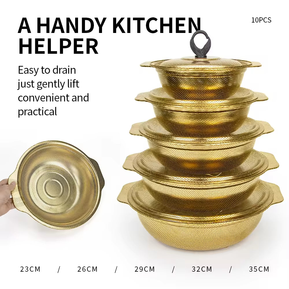 Yurtrain Stainless Steel Kitchen Supplies Hotel & Restaurant Tableware Sets Gold Fruit Vegetable Colanders Bowl Strainers