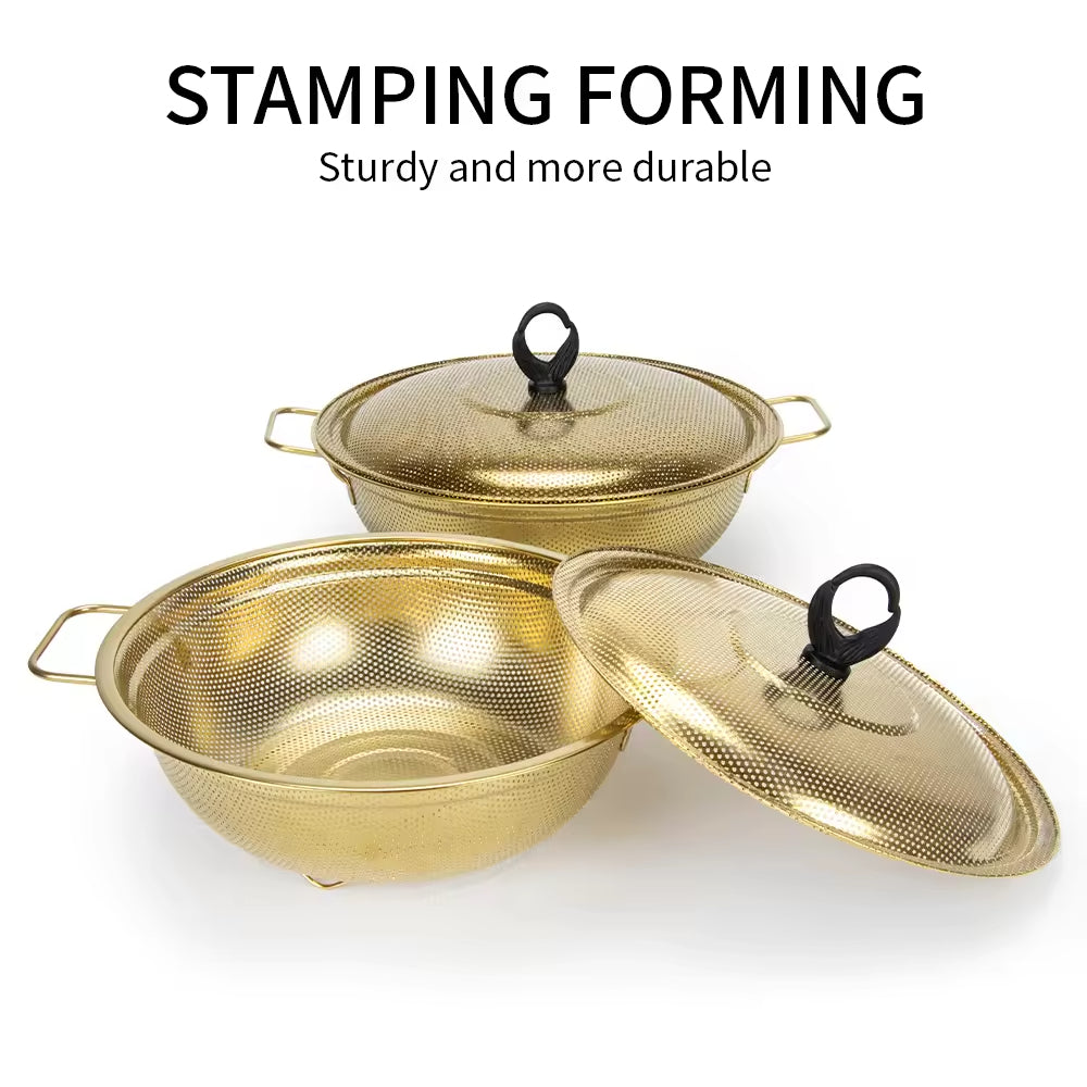 Yurtrain Gold Strainer Colander Basket Mesh Stainless Steel Kitchen Rice Bowl Skimmer Vegetable Washing Fruit Wash Drain