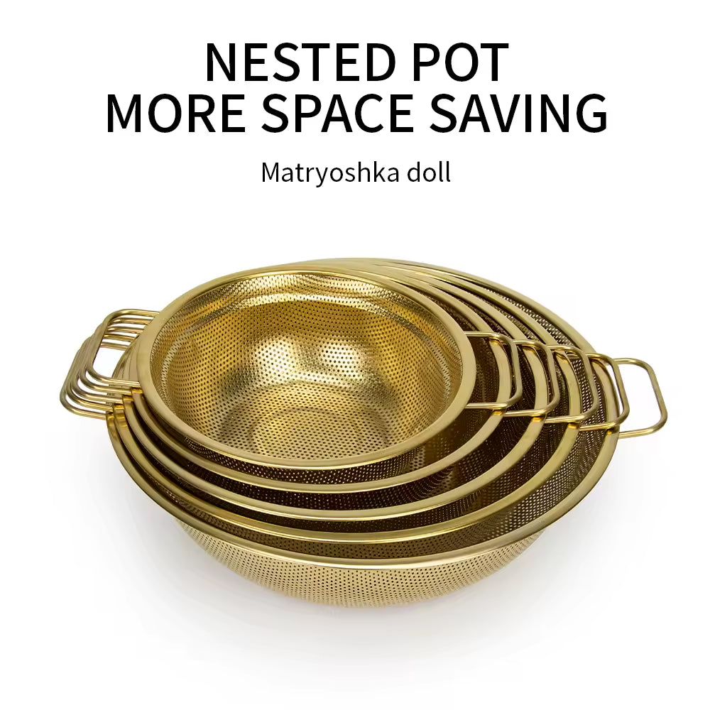 Yurtrain Gold Strainer Colander Basket Mesh Stainless Steel Kitchen Rice Bowl Skimmer Vegetable Washing Fruit Wash Drain