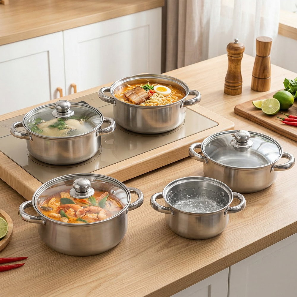 Yurtrain Multifunction Large Capacity Kitchen Cookware Pot 3 Pieces Stainless Steel Ollas Soup Pot Set Cookware Set