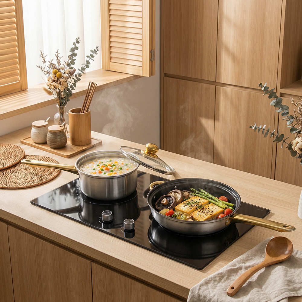 12 Pcs 410 Stainless Steel Kitchen Ware Non Stick Induction Hot Pot and Pan Luxury Camping Cooking Utensils Cookware Sets