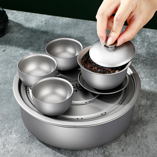 Portable Lightweight Travel Tea Set with Storage Bag Built-In Strainer Titanium Tea Cups Teapot Outdoor Camping Hiking Tableware