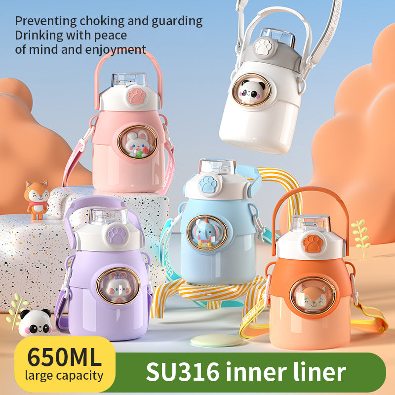 Cartoon Stainless Steel 650ml Water Bottle Insulated Children Thermos Bottle Kids Water Bottles Cup With Strap and Straw