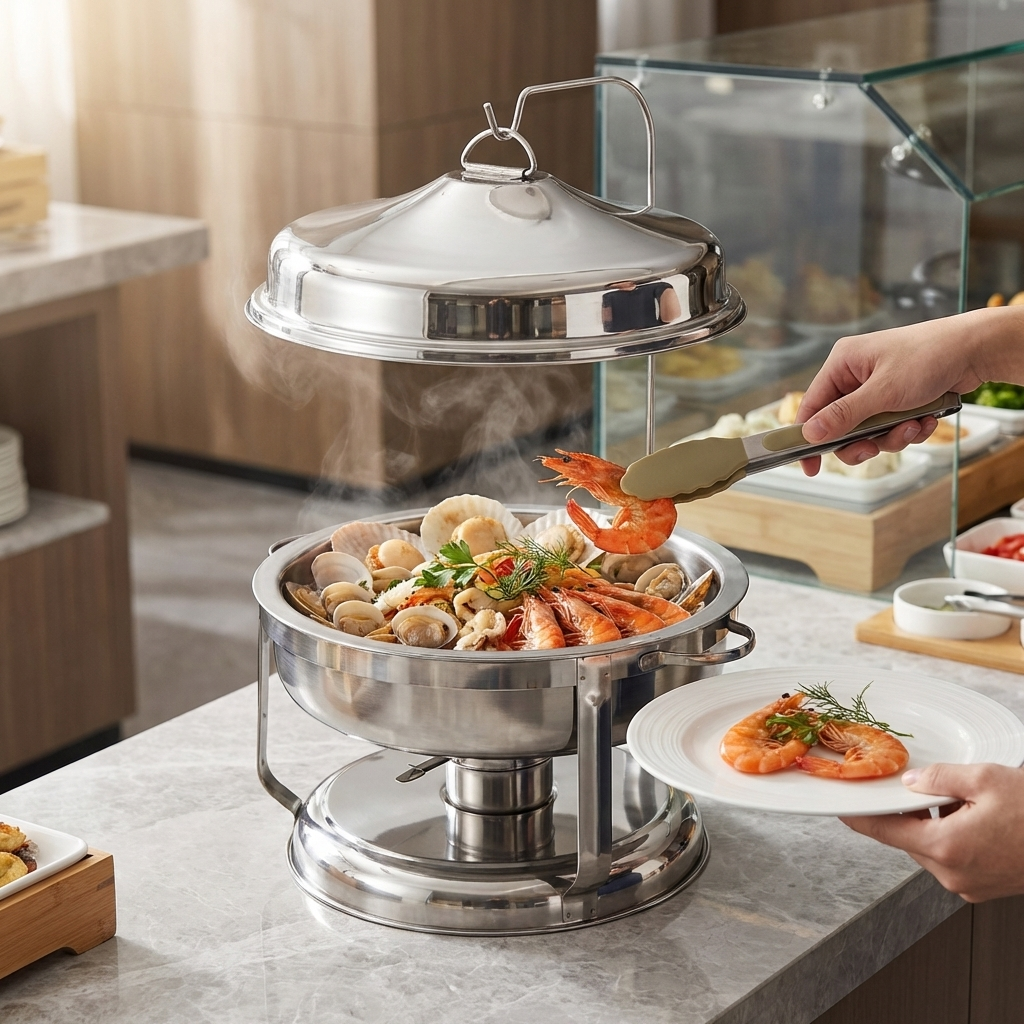 Luxury Hotel Party Restaurant Food Grade Stainless Steel Gold Silver Alcohol Heating Food Insulation Chafing Dish