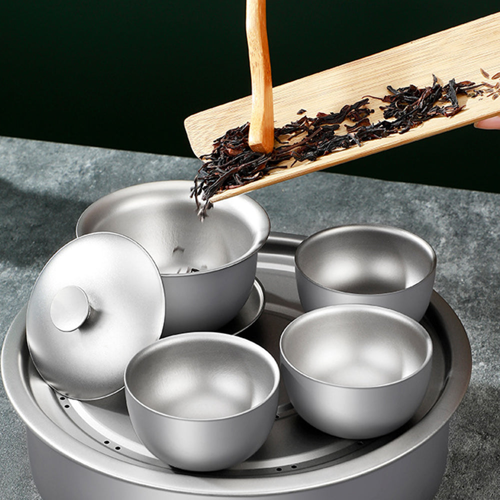 Portable Lightweight Travel Tea Set with Storage Bag Built-In Strainer Titanium Tea Cups Teapot Outdoor Camping Hiking Tableware