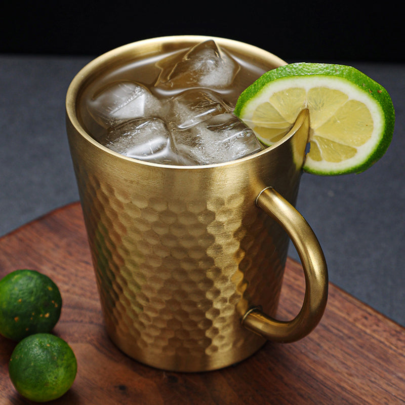 Yurtrian 304 Stainless Steel 300ml Double-Wall Beer Stein Hammered Texture Anti-Scalding Handle Freezer Safe Dishwasher Safe