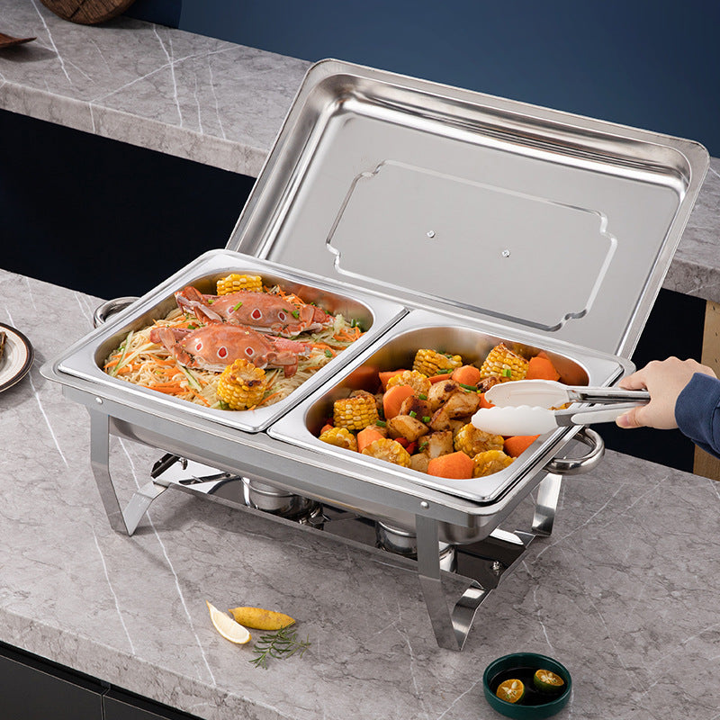 Luxury Silver Commercial Stainless Steel Rectangular Buffet Stove Chafing Dish Hydraulic Lid Alcohol Heating Smart Digital