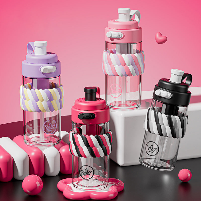 550/700ml Safe Material Cute Cartoon Glass Water Cup Portable Double Drinking Straw Bottle High Temperature Resistant Coffee Cup