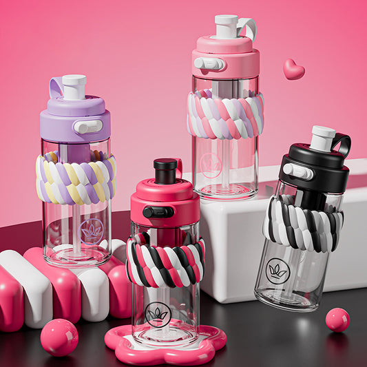 550/700ml Safe Material Cute Cartoon Glass Water Cup Portable Double Drinking Straw Bottle High Temperature Resistant Coffee Cup