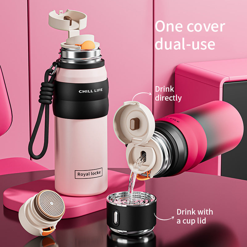 Custom Logo 450/550ml Portable Bounce Button Outdoor Sport Vacuum Insulated Thermal 316 Stainless Steel Water Bottle with Straw