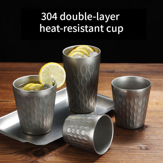 Yurtrain Japanese Retro 304 Stainless Steel Wave Pattern Beer Steins Double Layer Anti Scalding Dishwasher Safe Household