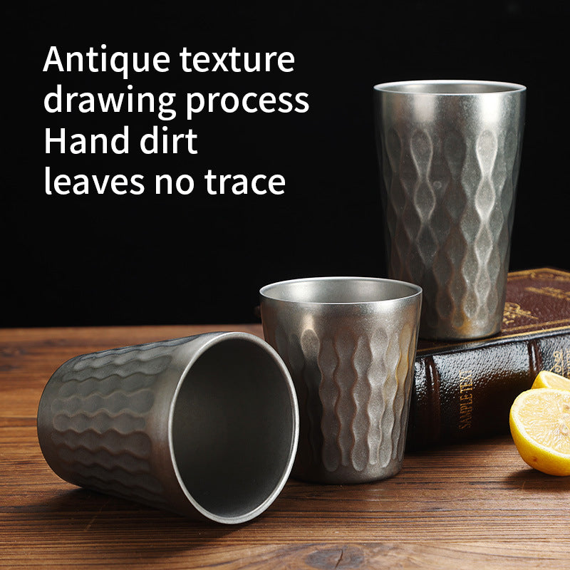 Yurtrain Japanese Retro 304 Stainless Steel Wave Pattern Beer Steins Double Layer Anti Scalding Dishwasher Safe Household