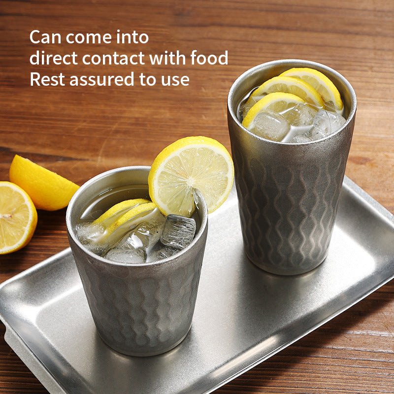 Yurtrain Japanese Retro 304 Stainless Steel Wave Pattern Beer Steins Double Layer Anti Scalding Dishwasher Safe Household