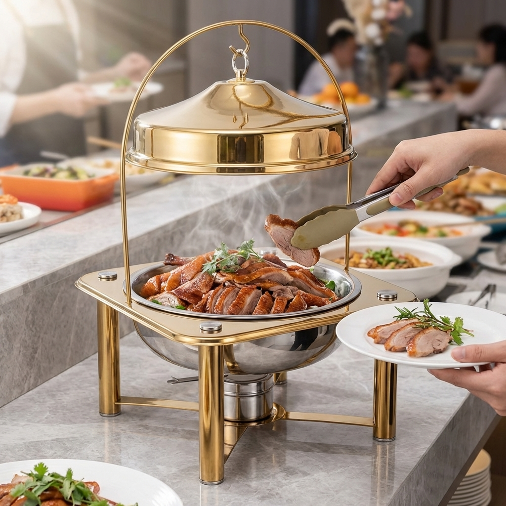 Luxury Hotel Party Restaurant Food Grade Stainless Steel Gold Silver Alcohol Heating Food Insulation Chafing Dish