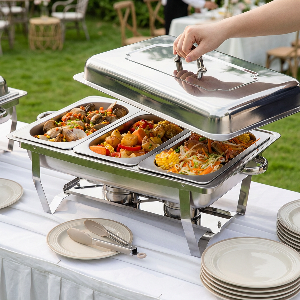 Hotel Restaurant Economy Folding Chafer Oblong Stainless Steel Chafing Dish with Cover and Handle for Food Warming