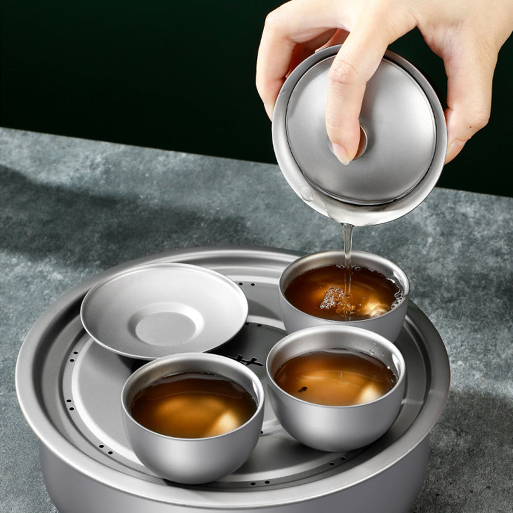 Portable Lightweight Travel Tea Set with Storage Bag Built-In Strainer Titanium Tea Cups Teapot Outdoor Camping Hiking Tableware