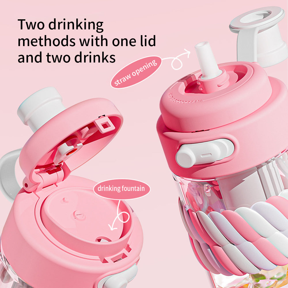 550/700ml Safe Material Cute Cartoon Glass Water Cup Portable Double Drinking Straw Bottle High Temperature Resistant Coffee Cup