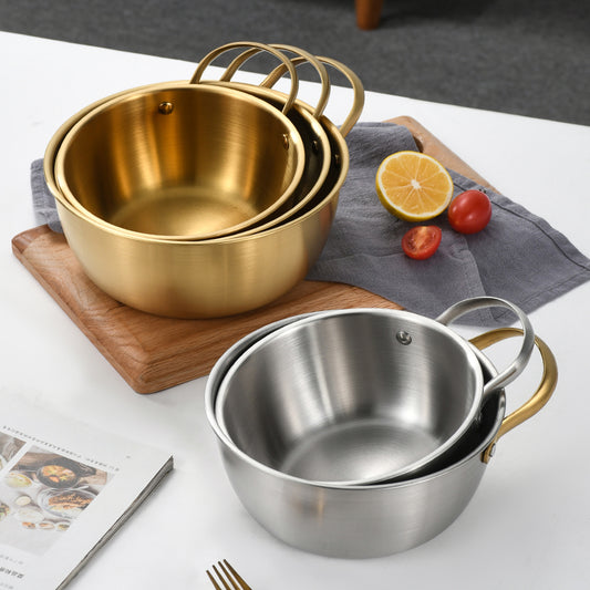Yurtrain Stainless Steel Mixing Bowl with Gold/Silver Handle Multipurpose Disposable Rice Noodle Salad Korean Rice Wine Bowl