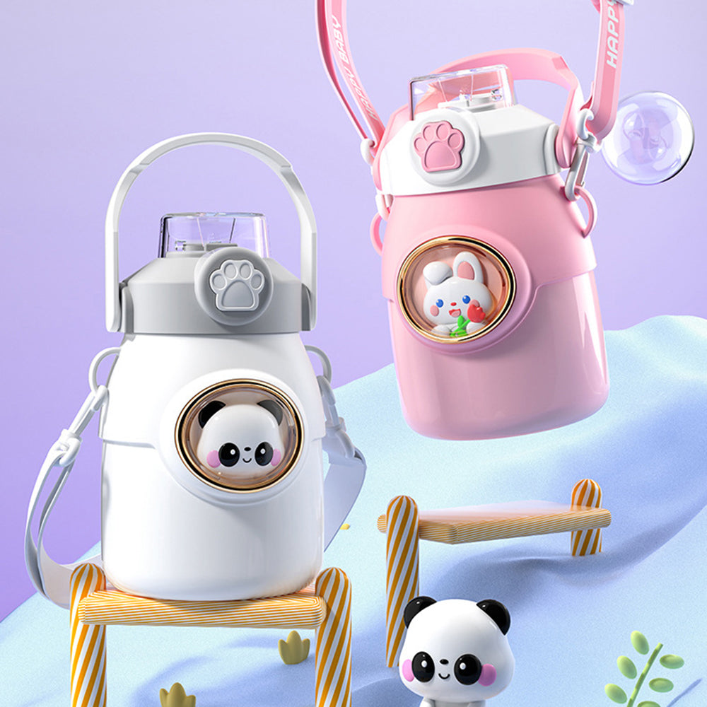 Cartoon Stainless Steel 650ml Water Bottle Insulated Children Thermos Bottle Kids Water Bottles Cup With Strap and Straw