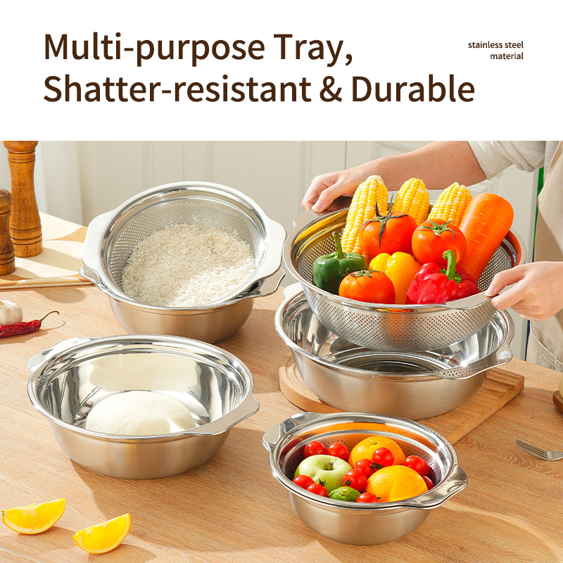 European Style 201 Stainless Steel Microporous Filter Metal Kitchen Supply Handle Drain Basket Rice Washing Basket Food Grade