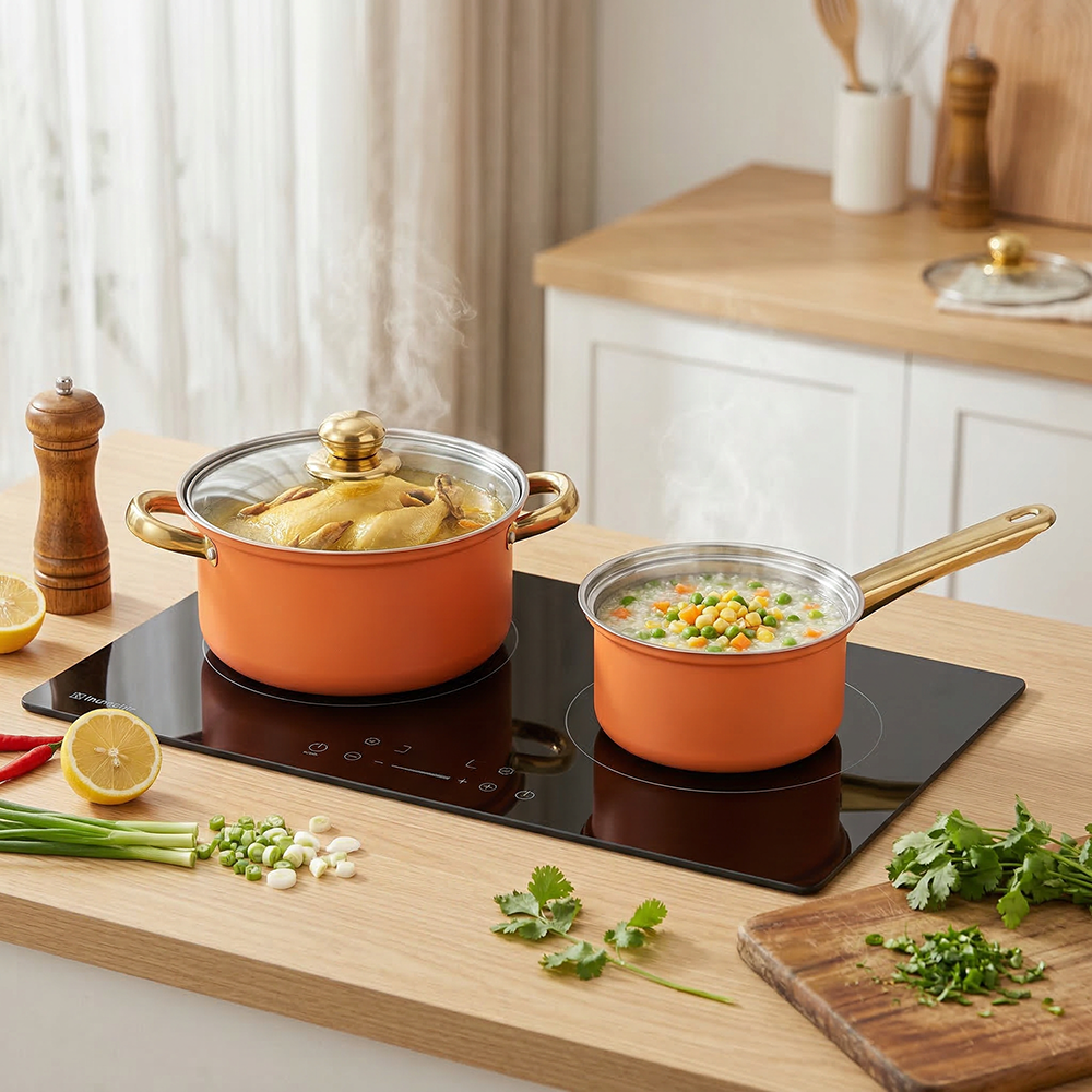 12-Piece 410 Stainless Steel Cookware Set Orange Non-Stick Pan with Glass Cover Includes Cooking Pot Ware
