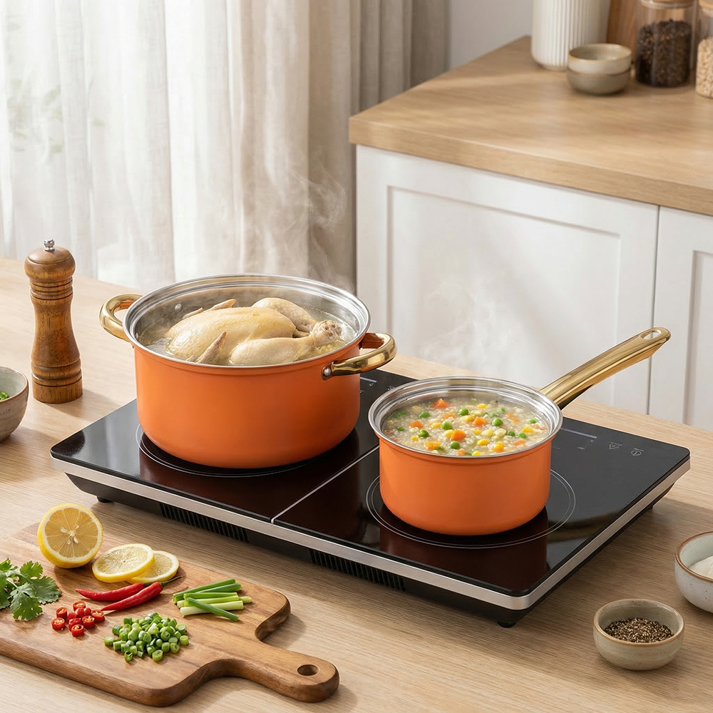 12-Piece 410 Stainless Steel Cookware Set Orange Non-Stick Pan with Glass Cover Includes Cooking Pot Ware