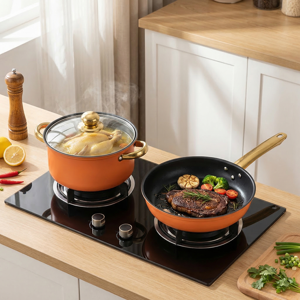 12-Piece 410 Stainless Steel Cookware Set Orange Non-Stick Pan with Glass Cover Includes Cooking Pot Ware