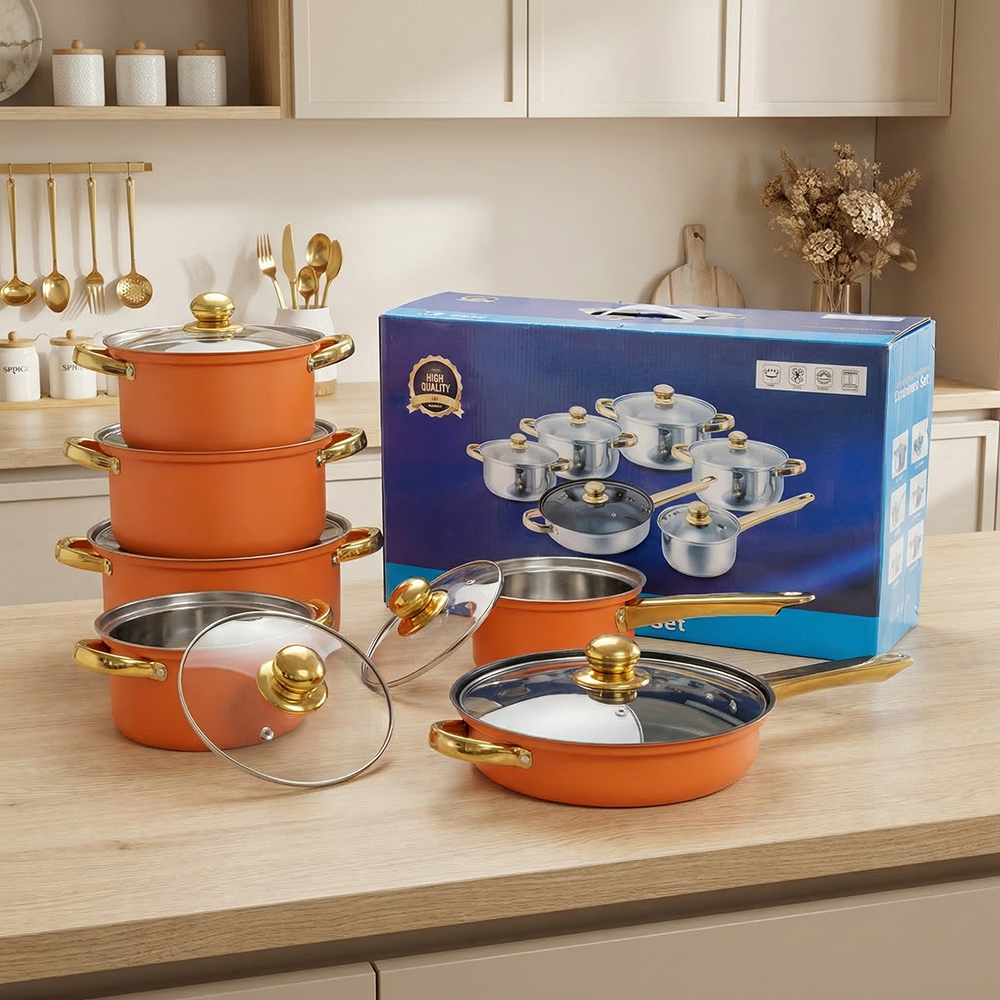 12-Piece 410 Stainless Steel Cookware Set Orange Non-Stick Pan with Glass Cover Includes Cooking Pot Ware