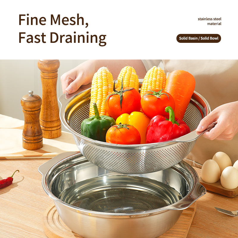 European Style 201 Stainless Steel Microporous Filter Metal Kitchen Supply Handle Drain Basket Rice Washing Basket Food Grade