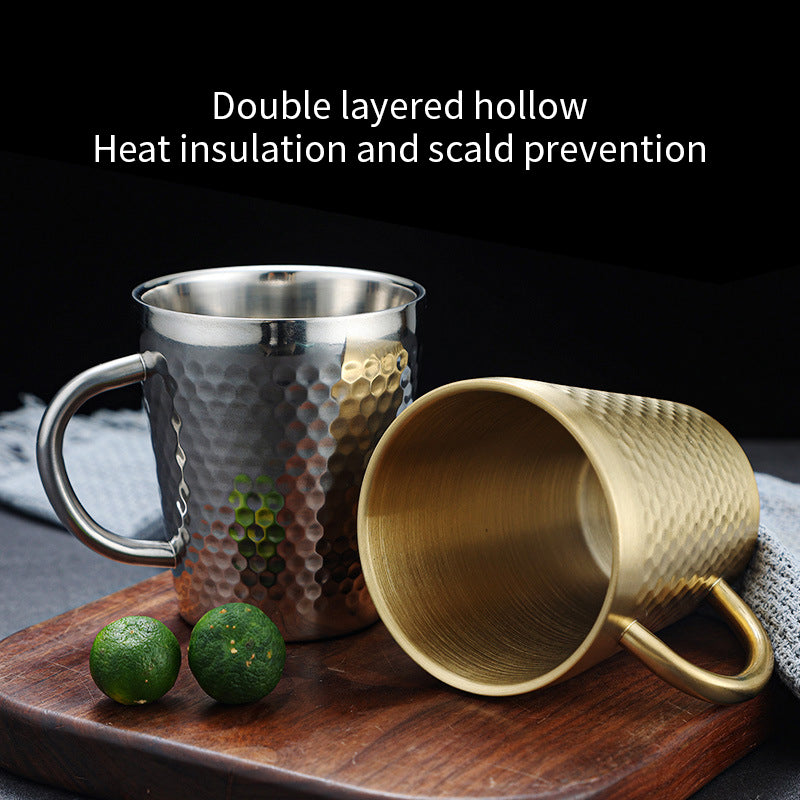 Yurtrian 304 Stainless Steel 300ml Double-Wall Beer Stein Hammered Texture Anti-Scalding Handle Freezer Safe Dishwasher Safe