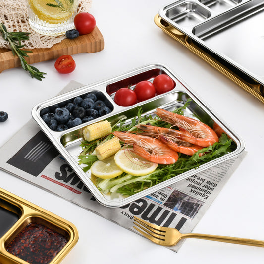 Yurtrain Korean Style Stainless Steel Snack Serving Tray 3/4/5/6/7 Grid Plate for Camping Restaurants Canteen Serving Dish
