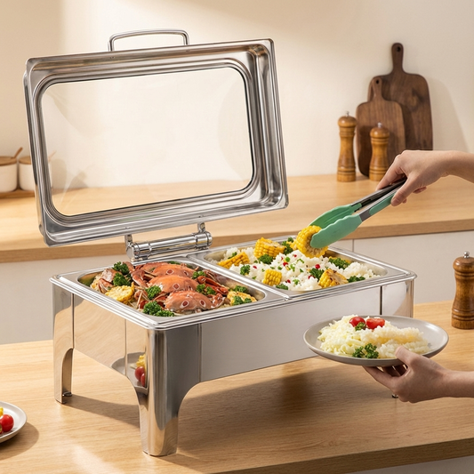 Luxury Gold Silver Commercial Stainless Steel Square Buffet Stove Chafing Dish with Hydraulic Lid for Catering Events