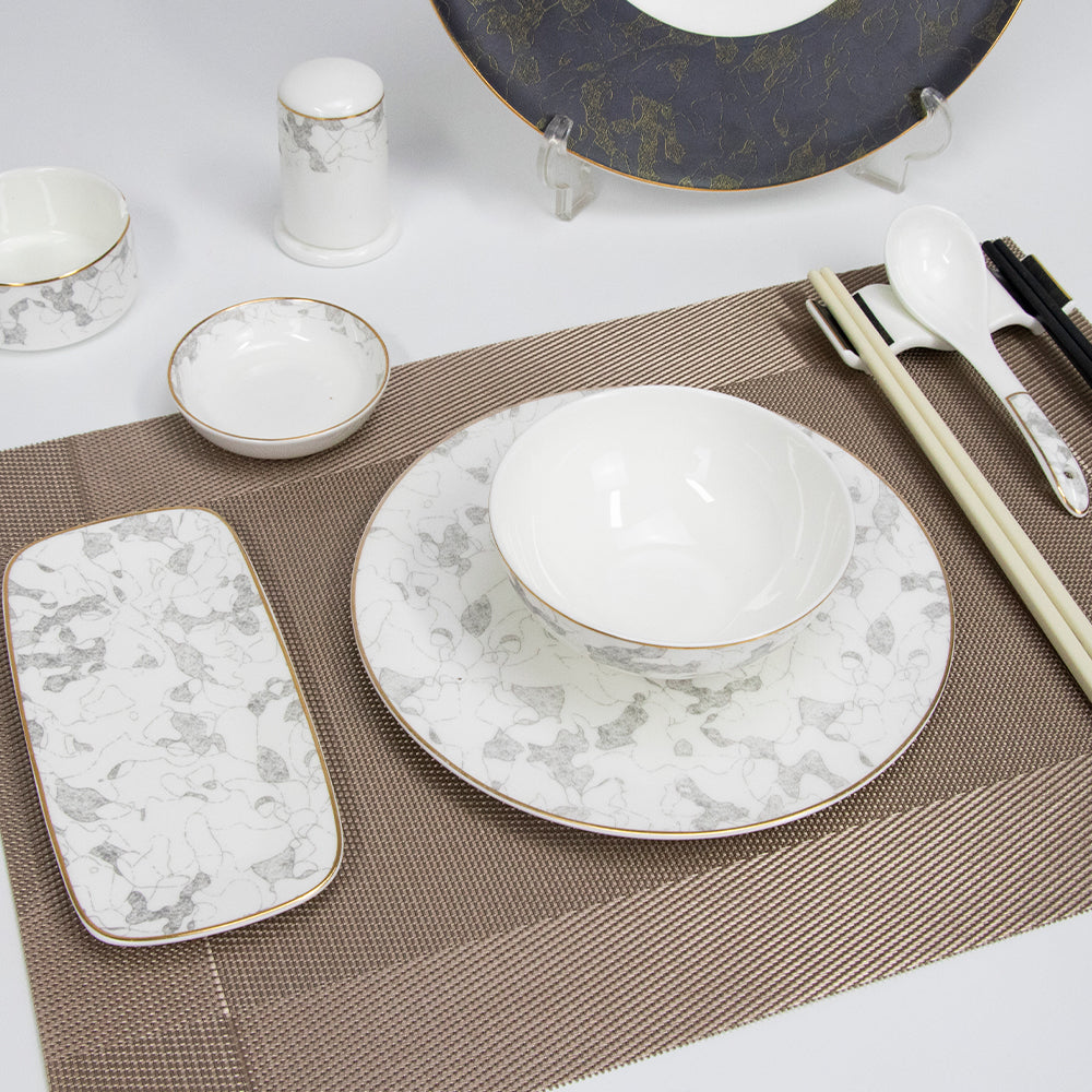 Yurtrain Luxury Round Shallow Charger Plate with Gold Rim Porcelain Stoneware Ceramic Dinnerware Set with Side Dishes & Plate