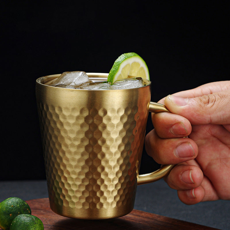 Yurtrian 304 Stainless Steel 300ml Double-Wall Beer Stein Hammered Texture Anti-Scalding Handle Freezer Safe Dishwasher Safe