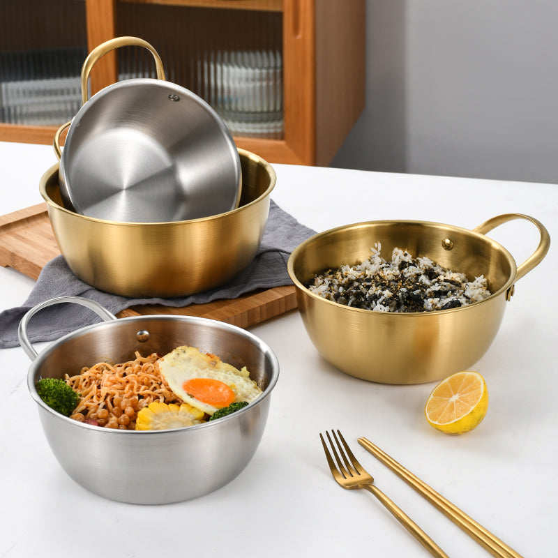 Yurtrain Stainless Steel Mixing Bowl with Gold/Silver Handle Multipurpose Disposable Rice Noodle Salad Korean Rice Wine Bowl
