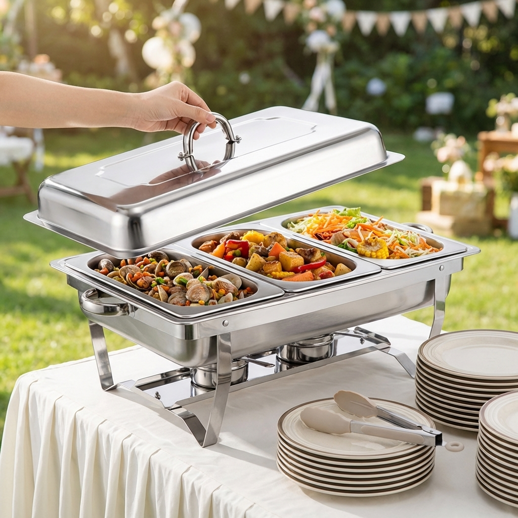 Hotel Restaurant Economy Folding Chafer Oblong Stainless Steel Chafing Dish with Cover and Handle for Food Warming