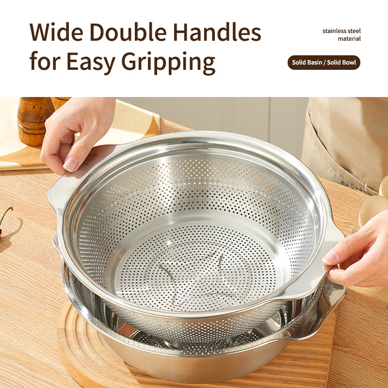 European Style 201 Stainless Steel Microporous Filter Metal Kitchen Supply Handle Drain Basket Rice Washing Basket Food Grade