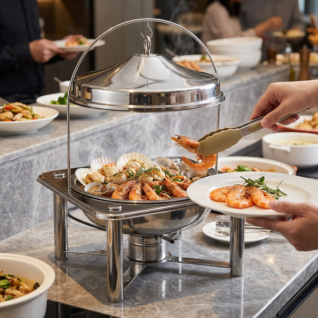 Luxury Hotel Party Restaurant Food Grade Stainless Steel Gold Silver Alcohol Heating Food Insulation Chafing Dish